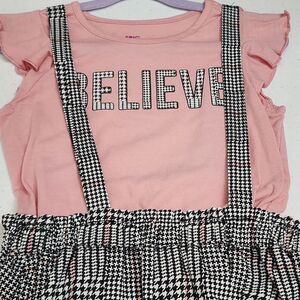 Girls Pink Top & Houndstooth Black Grey Suspenders Jumper Dress Outfit Size S